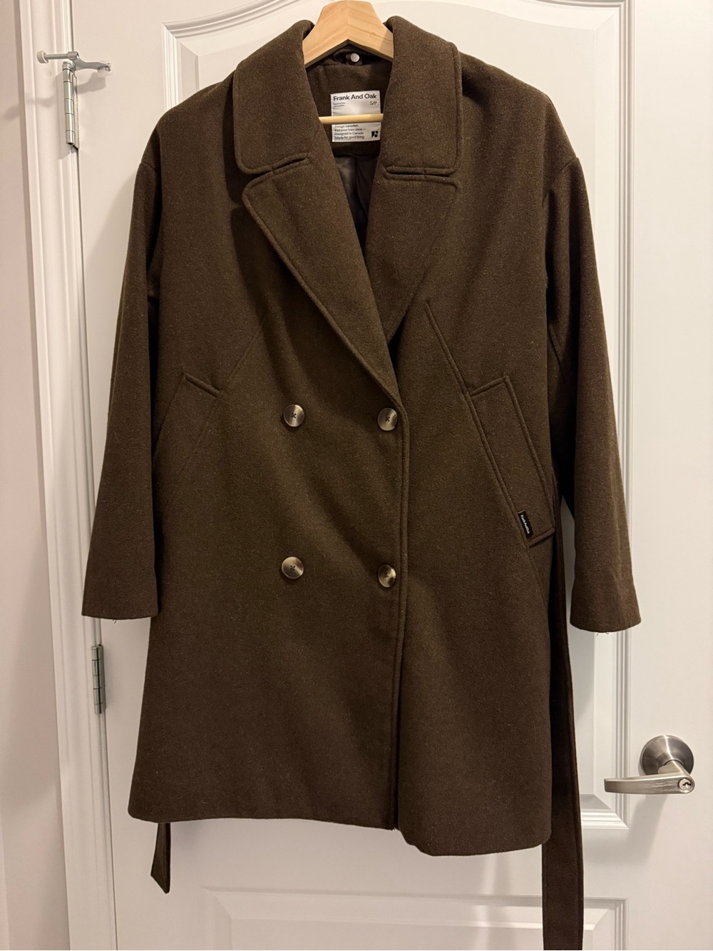 Frank And Oak Dark Brown Double-Breasted Belted wool Coat S/P